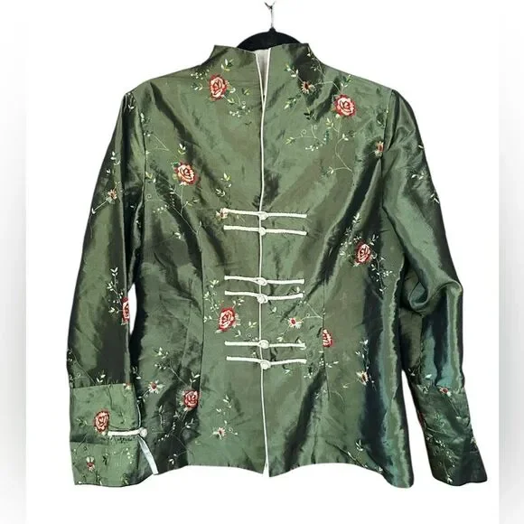 Vintage Green Silk Blend Asian Jacket Fully Lined. Embroidered. Size 10 - Picture 1 of 7